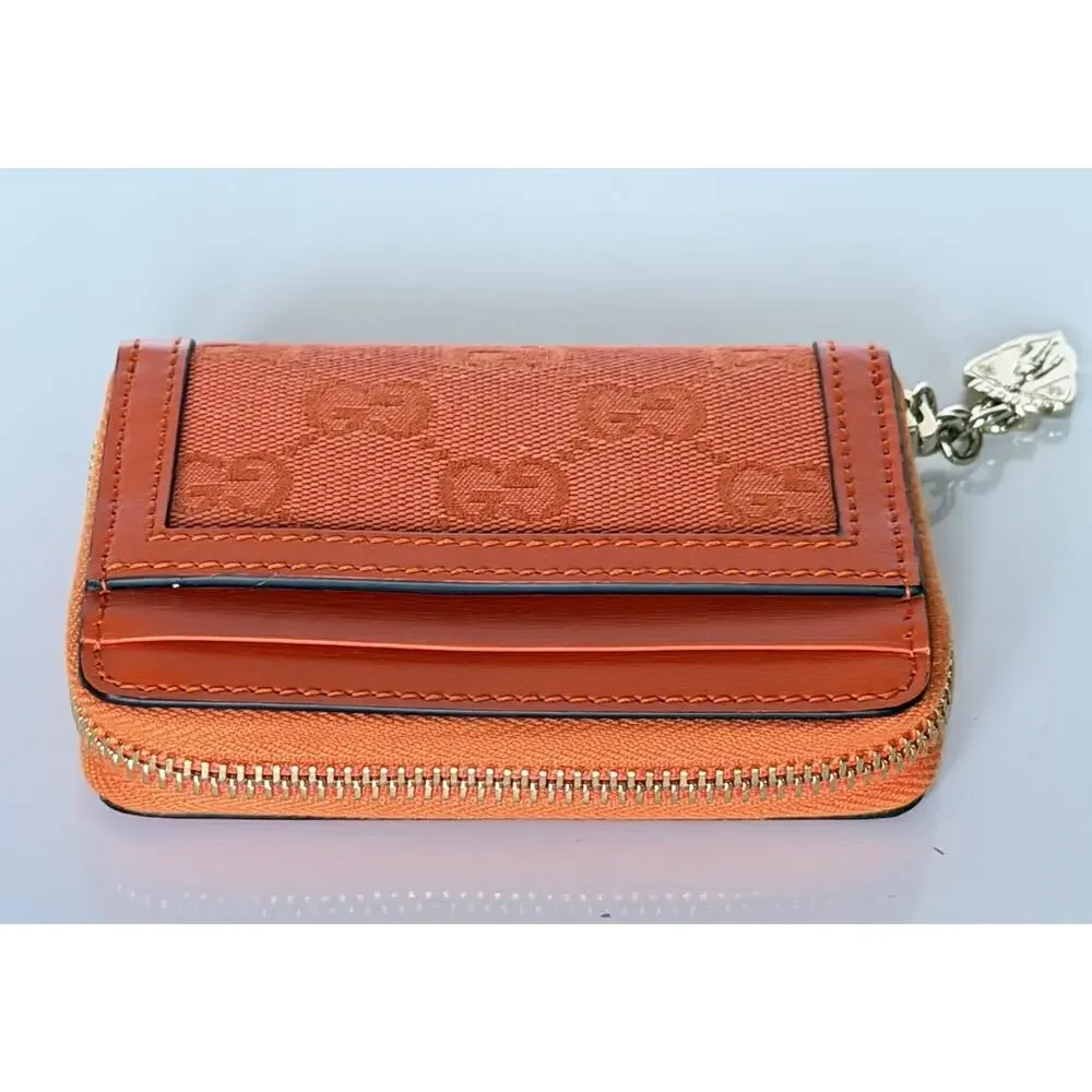 Gucci GG Print Bright Orange Zip Around Leather/Canvas Card Case Wallet IT NIB